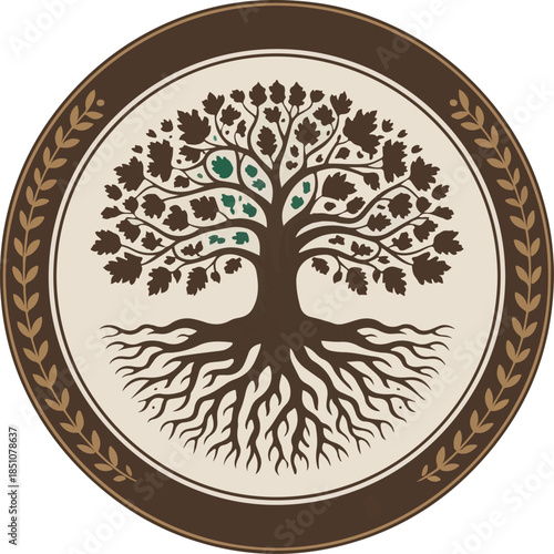 Brown tree of life emblem with roots and leaves vector