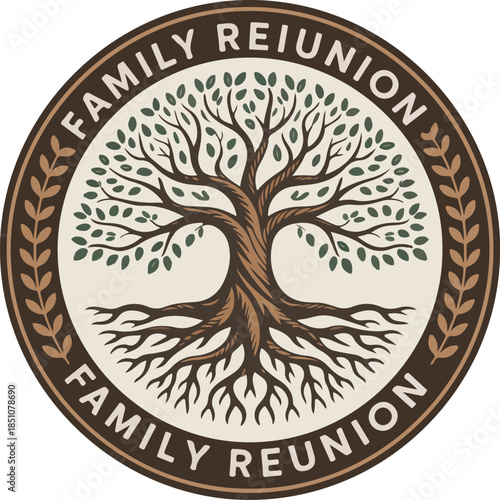 Circular family reunion badge with tree of life design vector