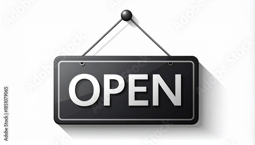 Wallpaper Mural Open sign hanging on a white background, black rectangular board with 'OPEN' text, business status indicator, shop entrance, store hours, welcome message Torontodigital.ca