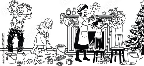 Family decorating for Christmas with festive holiday cheer