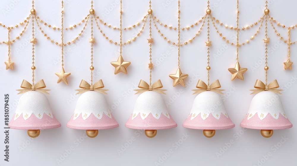 Obraz premium Five White And Pink Christmas Bells With Gold Stars And Garlands Decorating White Background