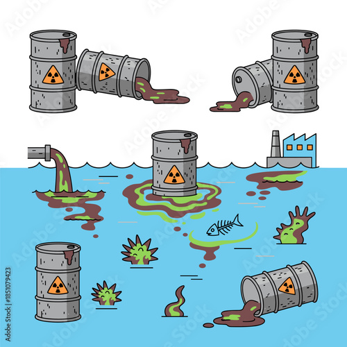Water pollution from toxic waste spilling barrels