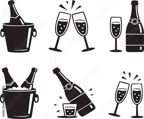 Festive black and white vector illustration featuring champagne bottles, glasses, and celebratory drinks for special occasions