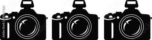 Camera silhouette icon set featuring professional photo cameras with flash and lens illustrated in clean black flat vector style isolated on white background for photography and media design