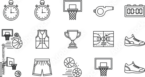 Basketball sport line icon set featuring hoop, ball, jersey, shoes, timer, whistle, scoreboard, and professional game equipment illustrations