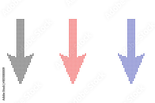 Dotted downward arrow icons pixelated set in red blue and gray colors isolated on white background