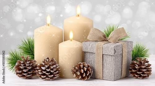 Three Lit Pillar Candles Beside Decorated Gift Box Pine Cones and Fir Branches on White Wood Surface with Bokeh Background
