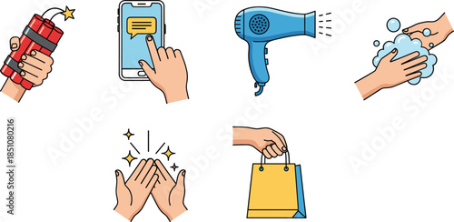 Hand Gesture and Daily Activity Icons Set with Phone Message Hair Dryer Washing Hands Flat Vector Illustration