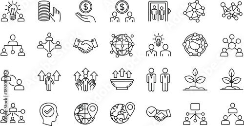 Business and teamwork line icon set showing collaboration, leadership, finance, growth, networking and global strategy concepts isolated