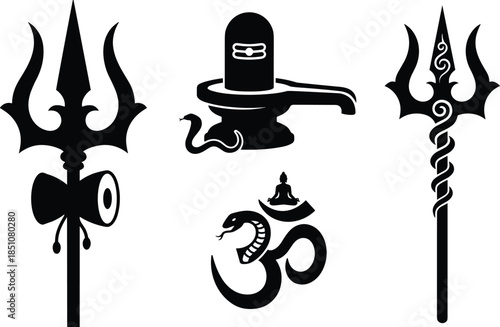 Lord Shiva sacred symbols silhouettes featuring trident, lingam, damru, om, and serpent representing Hindu spirituality, divine power, meditation, and religious iconography