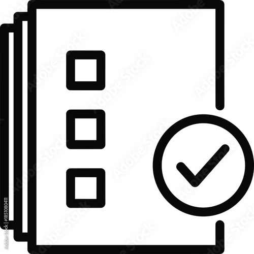 Checklist document icon with checkmark approval symbol representing task completion verification workflow management and successful process confirmation illustration