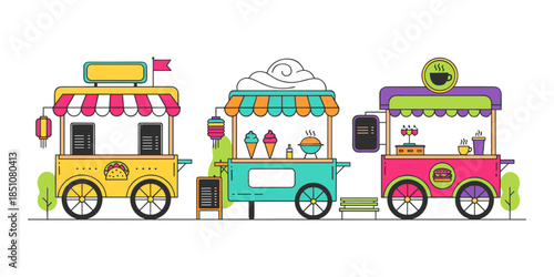 Street food carts offering tacos, ice cream, and coffee