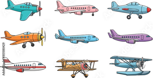 Cartoon airplane and aircraft illustration set featuring vintage propeller planes and modern passenger jets for aviation design purposes