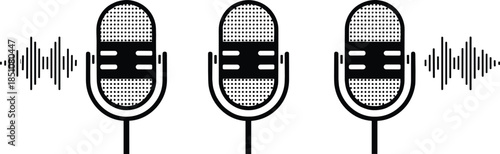 Microphone and Sound Wave Icons Set Showing Audio Recording Broadcast and Podcast Concept in Minimal Flat Vector Style