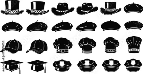 Hat silhouettes collection featuring classic, casual, professional, and uniform headwear styles including cowboy, chef, police, graduation, and fashion hats illustration