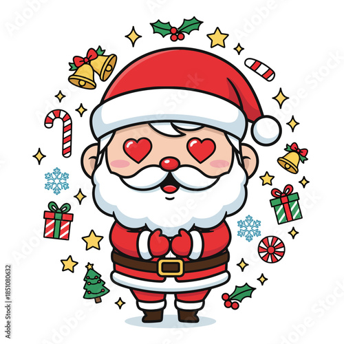 Charming Cartoon Santa Claus Illustration with Adorable Heart Eyes and Clasped Hands, Surrounded by a Festive Wreath of Holiday Symbols