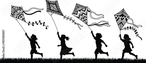 Children flying decorative kites silhouettes showing playful childhood joy, outdoor activity, freedom, imagination, and festive cultural tradition concept illustration