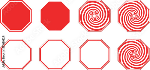Red octagon shape and spiral pattern collection featuring solid, outline, and hypnotic swirl designs illustrated in clean flat vector style isolated on white background