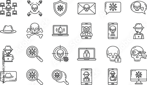 Cyber security and malware icon set featuring hacking, virus threats, data protection, phishing alerts, skull symbols, and digital safety outline illustrations