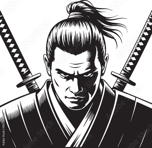 Monochrome drawing of a samurai warrior with intimidating gaze, sporting topknot and katana swords crossed behind