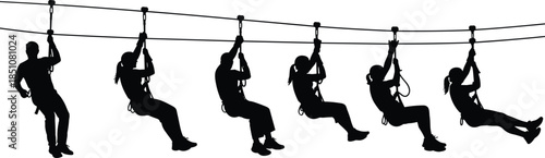 Zipline adventure silhouettes showing people sliding on cables, outdoor extreme sport, teamwork, thrill, and active recreation lifestyle concept illustration
