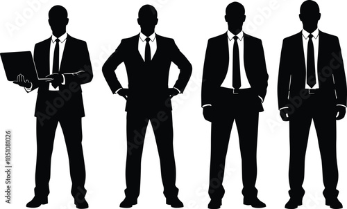Businessmen silhouettes in suits representing leadership, corporate professionalism, executive confidence, management roles, and modern business lifestyle concept illustration