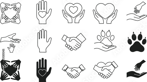 Set of hand icons representing care, support, partnership, and love, including human hands, a paw print, and heart symbols