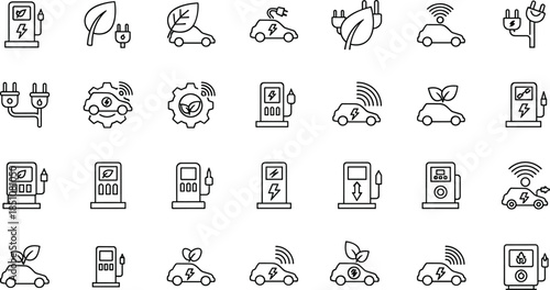 Electric vehicle charging and eco transport line icon set featuring EV cars, charging stations, green energy plugs, and sustainable mobility symbols