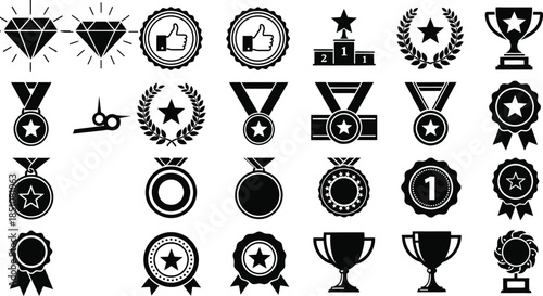 Diverse collection of vector icons symbolizing success, achievement, and victory, featuring medals, trophies, stars, and emblems of excellence for recognition and reward