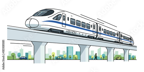 High speed bullet train moving through modern city