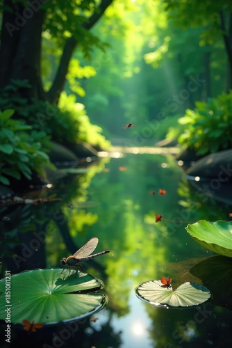 Serene pond reflecting lush green foliage, sunlight dappling the tranquil water surface Dragonflies flit, creating a picturesque summer scene of natural beauty , fauna, serenity, vegetation
