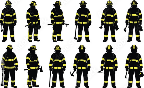 Firefighter silhouettes collection showing firemen in protective gear with tools, emergency response uniforms, rescue equipment, and professional firefighting service concept illustration