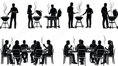 Barbecue party silhouettes with people grilling and dining together, outdoor cooking, social gathering, summer food, and friendly backyard celebration concept