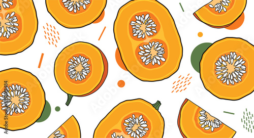 Pumpkin Slice Seamless Pattern with Autumn Squash Pieces in Modern Flat Vector Illustration Style