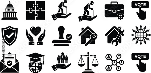 Set of universal icons representing community, government, security, and professional services, perfect for web and print