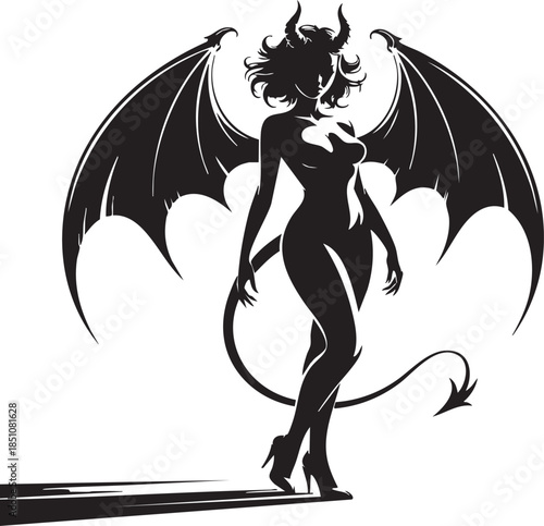 Silhouette of a devil woman with horns, dress, wings, and a tail in black and white illustration
