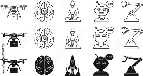 Vector Icons Representing Artificial Intelligence, Drones, Robotics, and Space Exploration Innovations