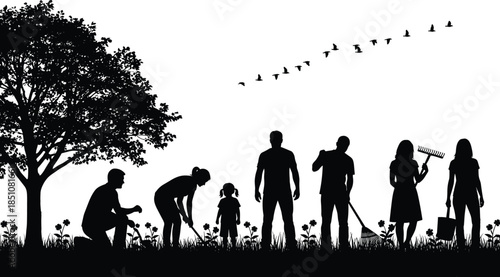 Family gardening silhouettes in nature showing parents and children planting together, eco friendly lifestyle, outdoor activity, teamwork, and sustainable living concept