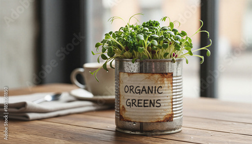 Fresh greens in metal can on cafe table
