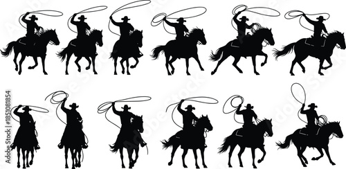 Cowboy lasso silhouettes on horseback showcasing western rodeo action, ranch culture, horse riding tradition, and dynamic cowboy roping poses in black silhouette style