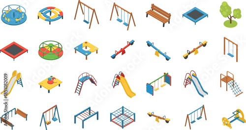 Isometric playground equipment icon set featuring swings, slides, seesaws, trampolines, benches, trees, and outdoor kids park recreation elements