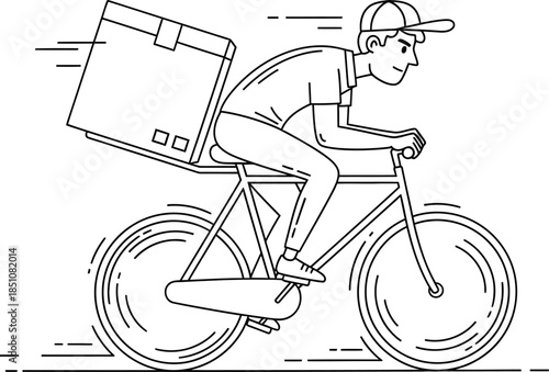 Man riding bicycle with package on back wheel in motion