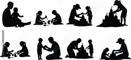 Family bonding silhouettes of parents and children playing together, nurturing childhood development, love, learning, and togetherness through playtime moments