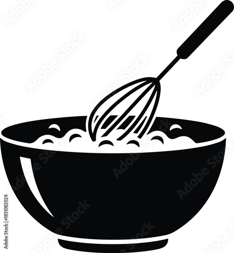 Minimalist black silhouette of a manual wire whisk placed inside a large mixing bowl used for illustrating culinary baking and professional kitchen food preparation.