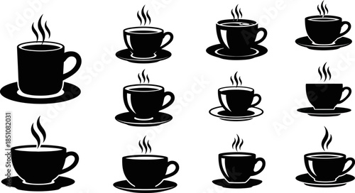 set of black coffee cups and saucers with steam rising up on white background