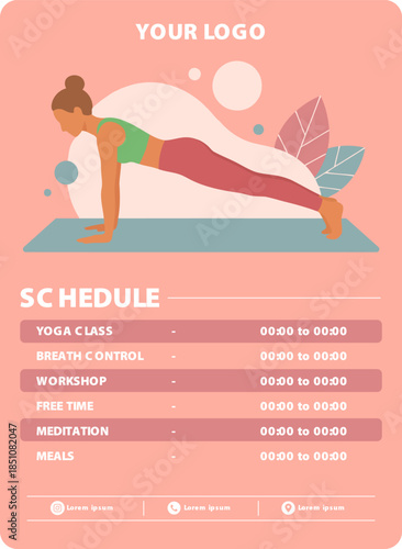 Yoga Class Schedule Poster with Woman in Plank Pose – Wellness Timetable Template Illustration