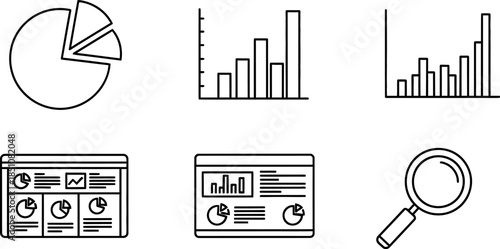 business statistics and analysis icons with pie and bar charts  graphs and magnifying glass