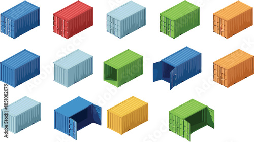 Isometric shipping container illustration set featuring colorful cargo boxes, open and closed containers, logistics transport, freight storage, and global trade concepts