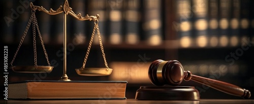 A gavel and scales of justice on a wooden surface, with a backdrop of law books, symbolizing the legal profession and judicial system.