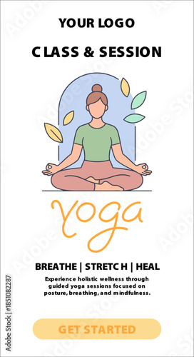 Yoga Class Poster Design with Meditating Woman – Wellness, Mindfulness and Fitness Illustration